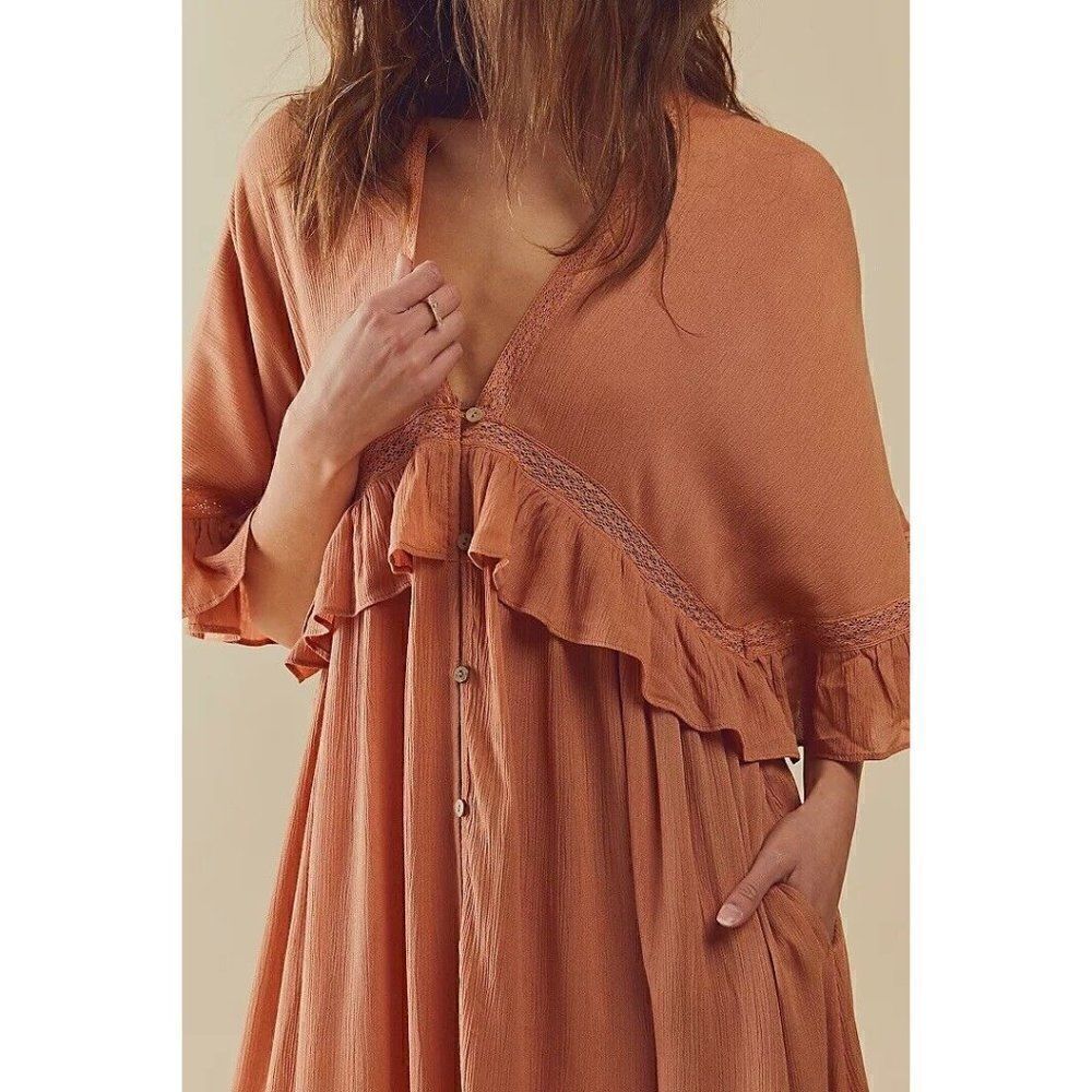 NWT FREE PEOPLE Sz XS PARADISO MAXI DRESS RUFFLE MAXI DRESS PEACHED COPPER - Picture 3 of 3